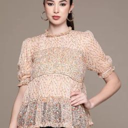 Label Ritu Kumar Pink Floral Top With Camisole-image-12