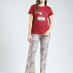 Monte Carlo Maroon Regular Fit Printed Night Suit-image-76