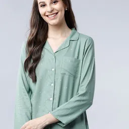 Tokyo Talkies Women Sea Green Polka Dot Printed Night Suit-image-51