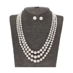 Sri Jagdamba Pearls 3 Line Pearl White Alloy Necklace Set-16