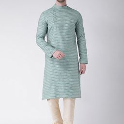 DEYANN Men Blue & Cream-Coloured Woven Design Kurta with Churidar-picture-20