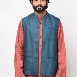 Fabindia Blue Comfort Fit Printed Nehru Jacket-picture-36