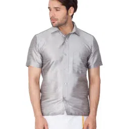 VASTRAMAY Grey Straight Fit Self Pattern Ethnic Shirt-image-70