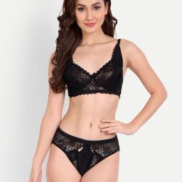FIMS Black Lace Work Bra Panty Set-image-53