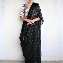 Chidiyaa Nutan Silver Striped Black Handwoven Linen Saree-picture-31