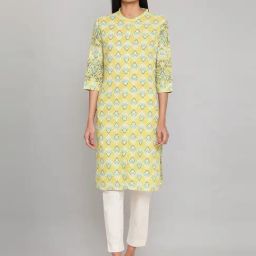 W Yellow Cotton Printed Straight Kurta-image-17