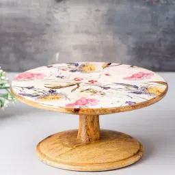 Nestroots White Cake Stand with Tong Printed Cake cutting Holder Round Wooden Cup Cake Table Stand-16