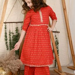 LilPicks Kids Red Printed Kurta with Sharara-image-1