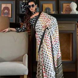 Vardha White Polka Dots Saree With Unstitched Blouse-picture-45