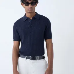 Ascot by Westside Navy Cable-Knit Relaxed-Fit Cotton Polo T-Shirt-picture-21