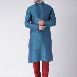 DEYANN Men Teal Blue & Red Solid Kurta with Churidar-picture-3