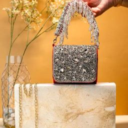 NR by Nidhi Rathi Pink Suede Embellished Clutch-image-10