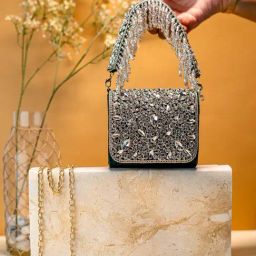 NR by Nidhi Rathi Green Suede Embellished Clutch-image-102