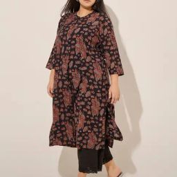 Diza by Westside Black Ethnic Printed Cotton A-Line Kurta-image-1