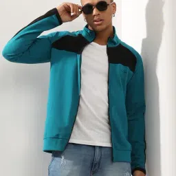 Campus Sutra Teal Blue Cotton Regular Fit Colour Block Jacket-picture-32