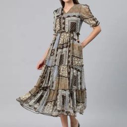Cottinfab Light Brown Printed Midi Dress-picture-6
