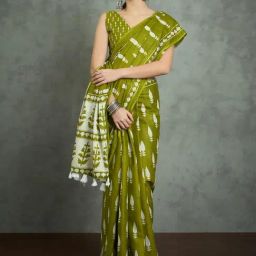 Saree Mall Olive Cotton Self Saree with Blouse Piece-picture-11