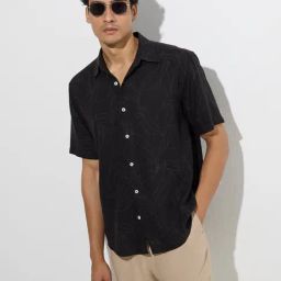 Ascot by Westside Black Leaf Design Relaxed-Fit Cotton-Blend Shirt-image-84