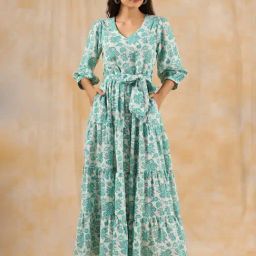 Jaipur Kurti Sea Green Cotton Floral Print Maxi Dress-image-4