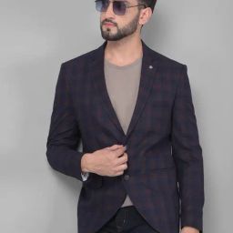 Crimsoune Club Navy Blue Slim Fit Checks Blazer-image-69