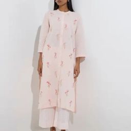 Zuba by Westside Pink Embroidered Cotton-Blend A-Line Kurta-12