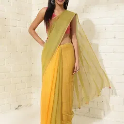 Fabindia Lime Yellow & Green Chequered Saree-picture-1