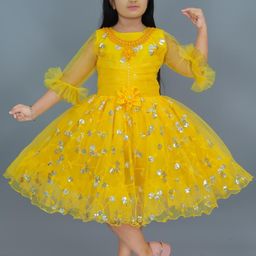Zenat Girls Yellow Three-Quarter Sleeves Calf Length Party Fit & Flare Dress-image-77