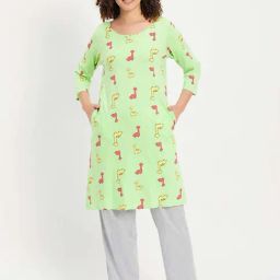 Clovia Green & Grey Cotton Printed Sleep Tees Pyjamas Set-12