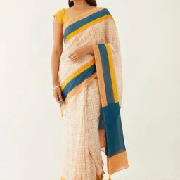 Taneira Beige Cotton Printed Saree With Unstitched Blouse-picture-16