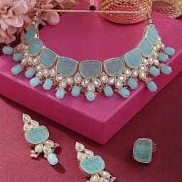 Zaveri Pearls Mint Green Peach Green Beads Kundan Choker Necklace Earring & Ring Set-ZPFK16121-1