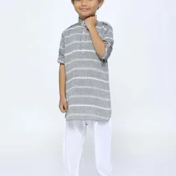 Kids Island Boys Grey & White Striped Full Sleeves Kurta Set-image-41