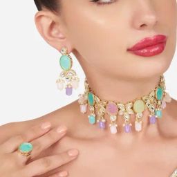 Zaveri Pearls Multicolor Stones Beads Kundan Choker Necklace Earring & Ring Set-ZPFK16117-10