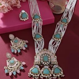 Zaveri Pearls Pink Mint Green Meenakari Bridal Multistrand Long Necklace Earring Ring Set-ZPFK16145-18