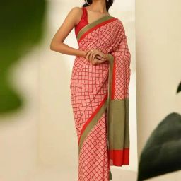 Taneira Red Cotton Printed Saree With Unstitched Blouse-picture-48