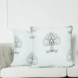 SWAYAM White & Green Set of 2 Ethnic Motifs Square Cushion Covers-41
