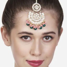 Zaveri Pearls Pink & Green Cluster Beads Drop Bridal Kundan Maangtikka-ZPFK13562-6
