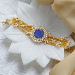 Teejh Eiravathi Blue Layered Chain Pearl Flexible Fit Bracelet-11