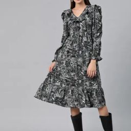 Cottinfab Black & White Floral Print Midi Dress-image-69
