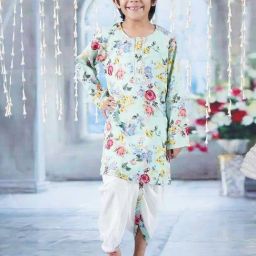 Little Bansi Green & White Cotton Floral Print Full Sleeves Kurta Set-image-90