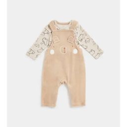 Mothercare Kids Beige Printed Full Sleeves Dungree with Bodysuit-image-2