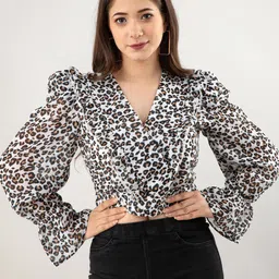 PRETTY LOVING THING White Animal Print Chiffon Crop Top-image-44