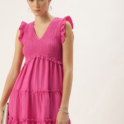bebe Smocked Flutter Sleeve Tiered Fit & Flare Dress-image-4