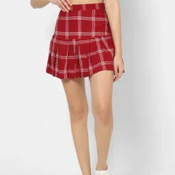 VASTRADO Maroon Cotton Chequered Mini A-Line Skirt-image-84