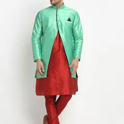Benstoke Men Green & Maroon Self-Design Sherwani Set-image-82