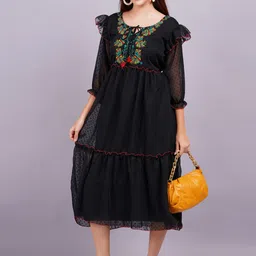 JC4U Women Tie-Up Neck Fit & Flare Midi Dress-image-73