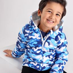 Babyhug Polyester Full Sleeves Hooded Fashion Heavy Winter Jacket Camo Print - Blue-image-10