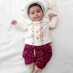 Tiber Taber Pure Cotton Full Sleeves Floral Embroidered Kurta & Dhoti Set - Maroon-picture-25