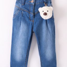 Little Kangaroos Denim Full Length Solid Jeans With Bear Applique- Blue-image-37