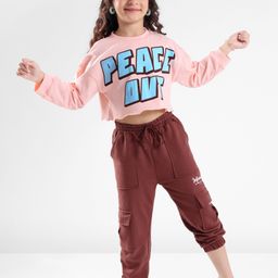 Ollington St. Winterwear Set of Cotton Full Sleeves Text Print Crop Sweatshirt & Cargo Joggers - Pink & Brown-image-58