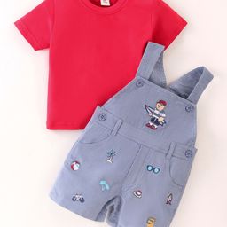 ToffyHouse Cotton Knit Bear Embroidered Dungaree & Half Sleeves Solid Color T-Shirt - Red & Grey-image-49